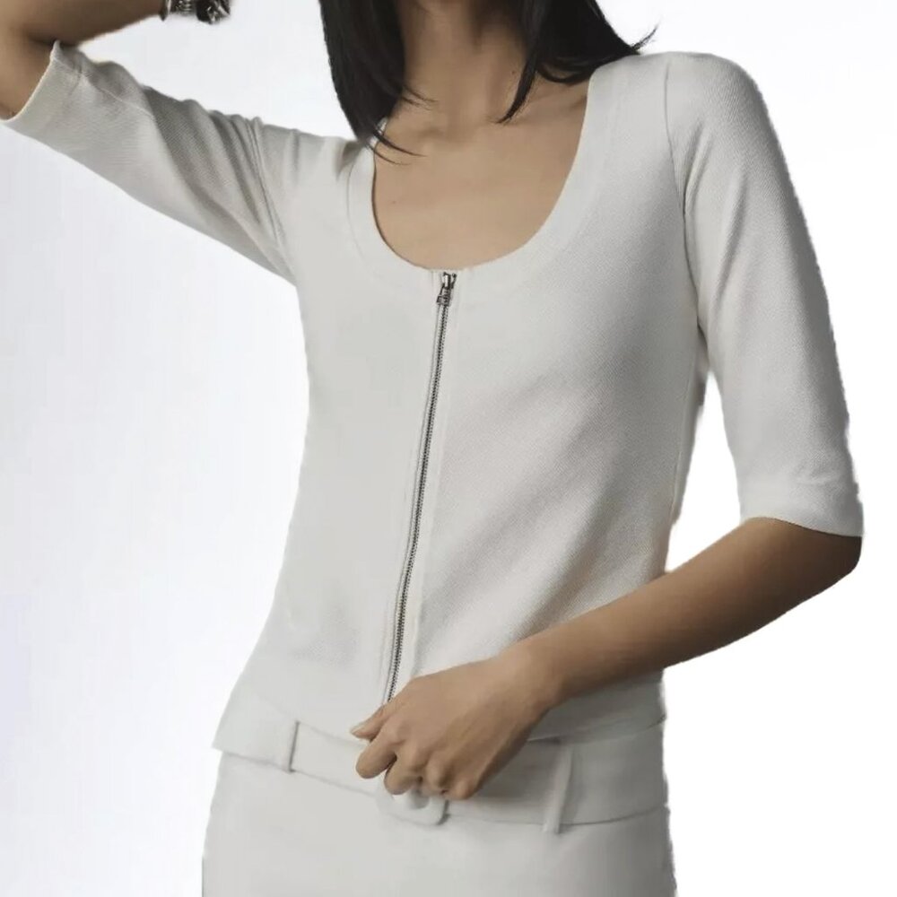 Maeve by Anthropologie Front Zip Ribbed Scoop Neck Top White Size S - NWT - Picture 1 of 7